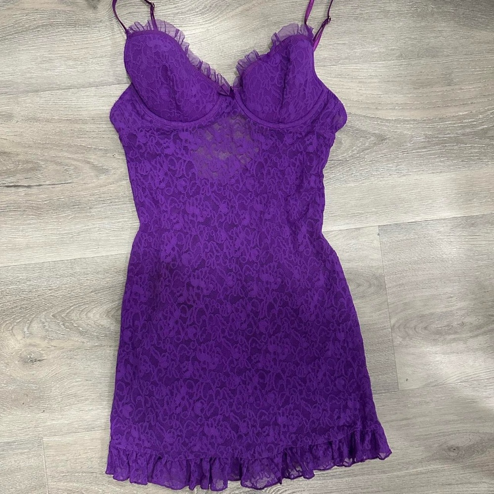 VS Purple Lace Lingerie Babydoll Dress w ruffle & bow detailing on back